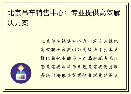 北京吊车销售中心：专业提供高效解决方案