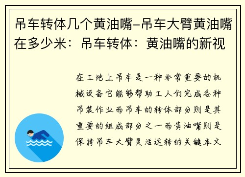 吊车转体几个黄油嘴-吊车大臂黄油嘴在多少米：吊车转体：黄油嘴的新视角