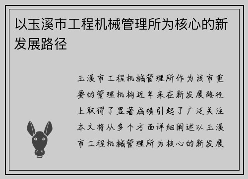 以玉溪市工程机械管理所为核心的新发展路径
